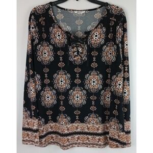 Style & Co Womens L Black Brown White Mandala Front Lace Up Long Sleeve Blouse